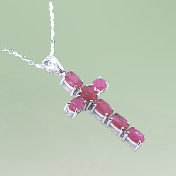 Jewelry - Sterling Silver Lab Grown Pink Sapphire Cross Pendant Necklace. NWOT